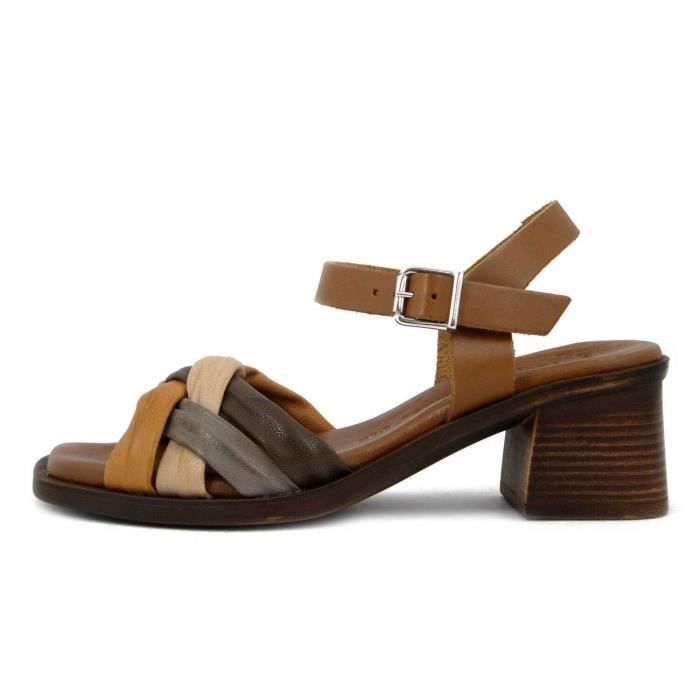 sandales pour femme en cuir souple marron multicolores - raquel perez - talon large de 5 cm - boucle de serrage