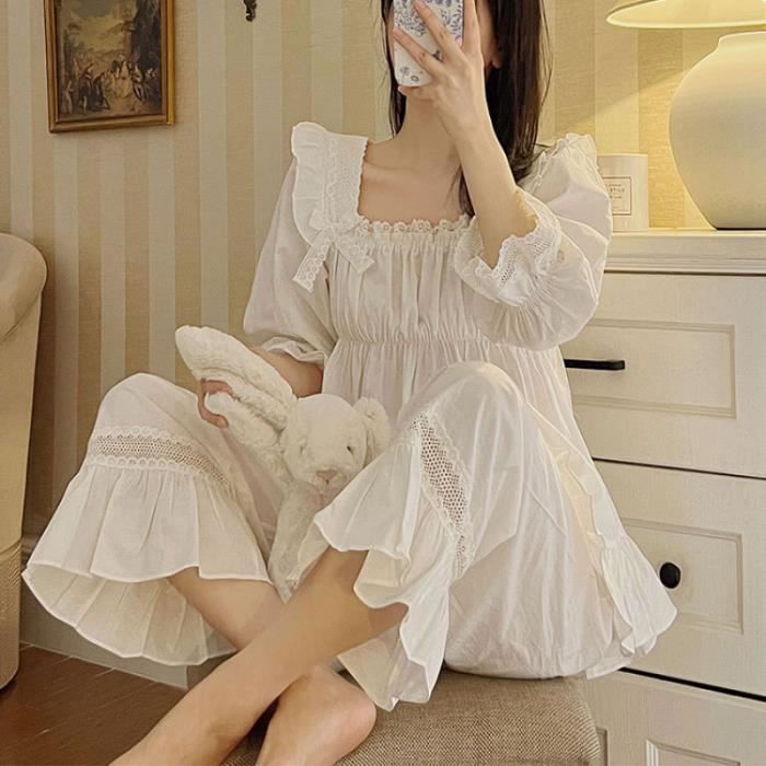 Pyjama femmes Vintage en coton pur pour femmes FRZKTE White