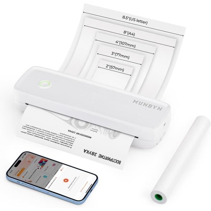 Imprimante Thermique A4 Portable Sans Encre - Résolution 304 DPI - Bluetooth/USB - Batterie 2600 MAh - Papier Rouleau Inclus