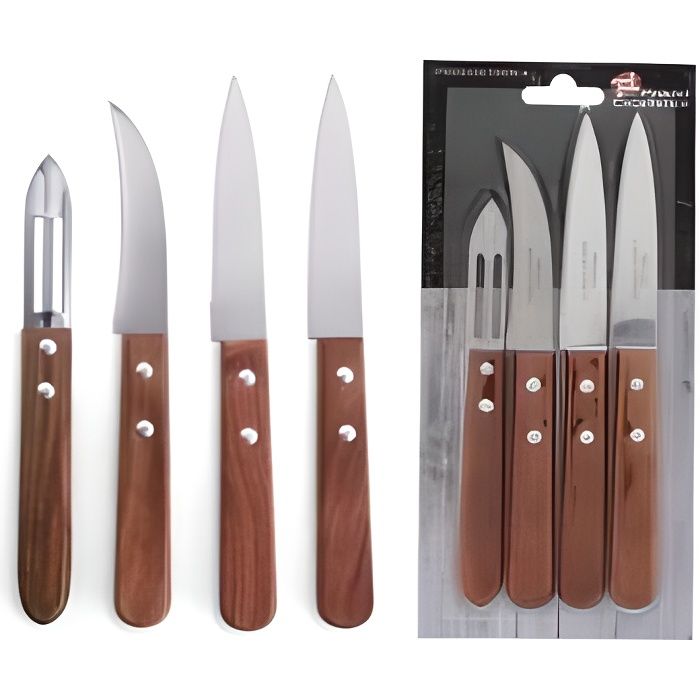 PRADEL EXCELLENCE Lot de 4 couteaux de cuisine (2 offices - 1 éplucheur - 1 bec d'oiseau) manche bois