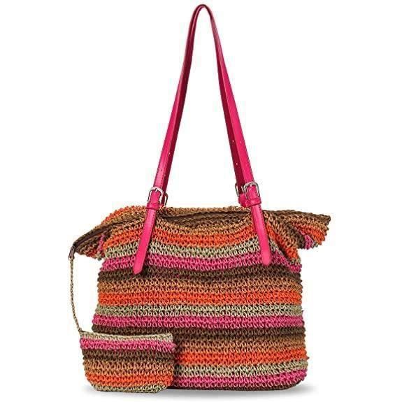 Sac Bandoulière Femme En Paille - Marron - Fourre-tout Tressé Avec Fermeture Zip - Neuf Sans étiquette