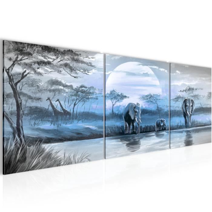 Tableau Animaux Afrique Tableau Toile XXL Afrique 100x50 Cm – ÉlÉphants Coucher Soleil Lac Palmiers, Décoration Murale Nature Paysage Animalier