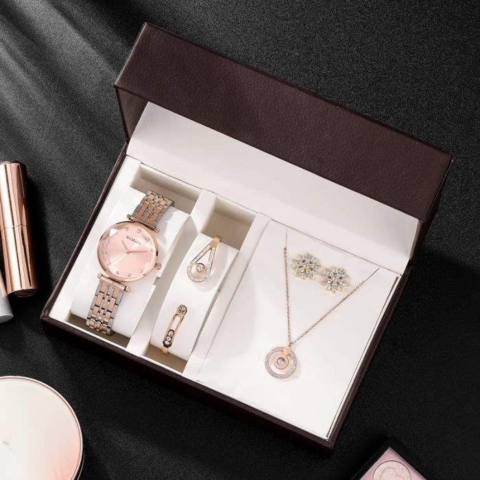 Coffret montre femme + bracelet + des boucles d'oreilles + collier – diamant or rose mode tempérament luxe