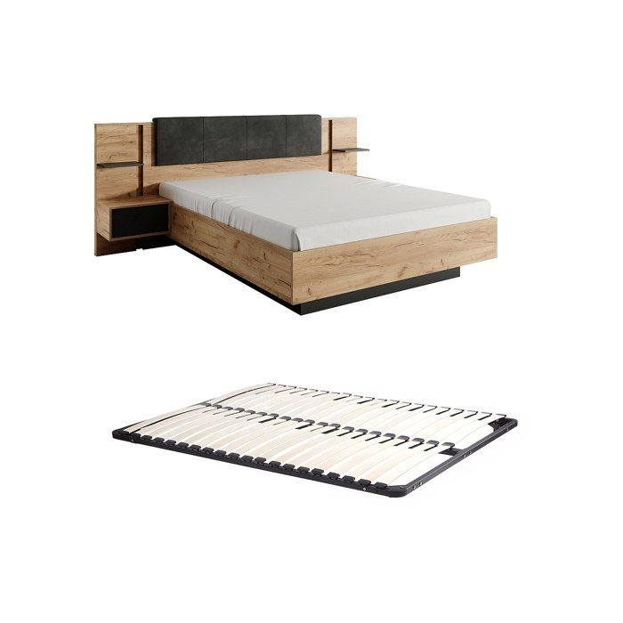 Lit avec chevets 140 x 190 cm - Avec LEDs - Coloris : Naturel et anthracite + Sommier - ELYNIA Lit avec chevets 140 x 190 cm - Avec LEDs - Coloris : Naturel et anthracite + Sommier - ELYNIA