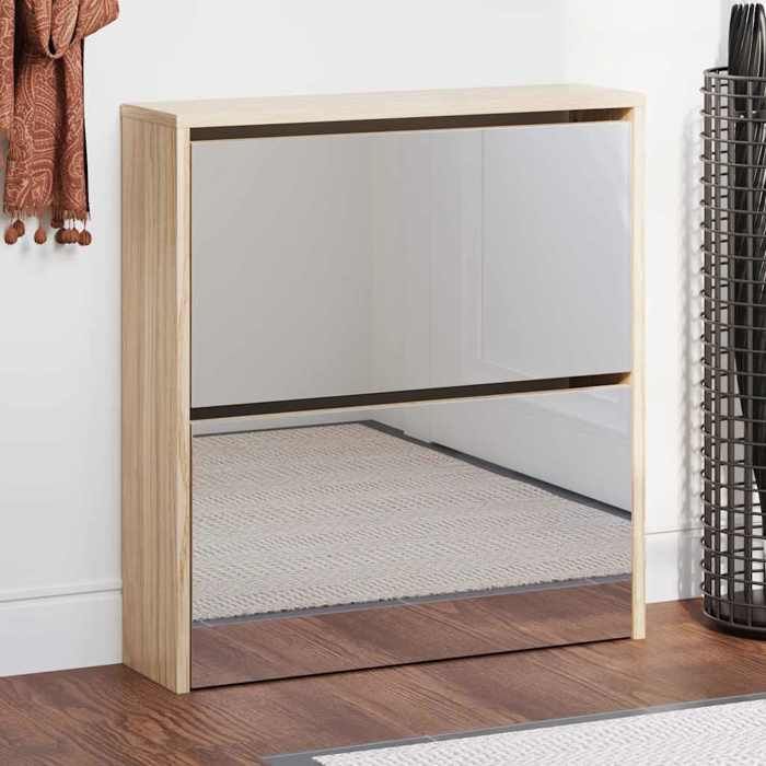 vidaXL Meuble à chaussures 2 étages avec miroir 63 x 17 x 67 cm Chêne