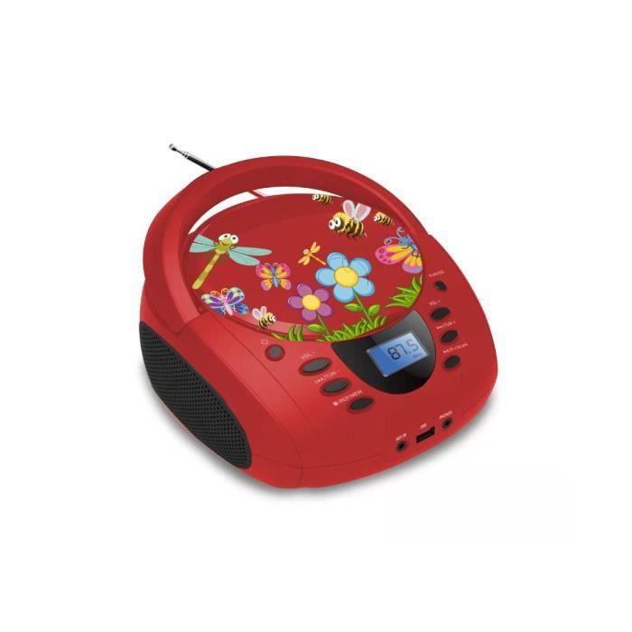 Lecteur - Radio CD - USB WeKids: FM, Lecteur CD/CD-R/CD-RW/MP3, RMS2*2W, entrée Aux et Micro, modèle Rouge insecte