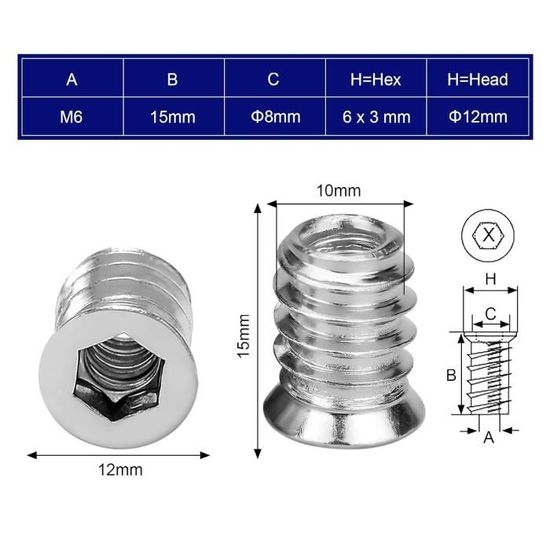 M8x18mm Meubles Visser Écrou Zinc Alliage Fileté Encart Écrous pour Bois 12pcs