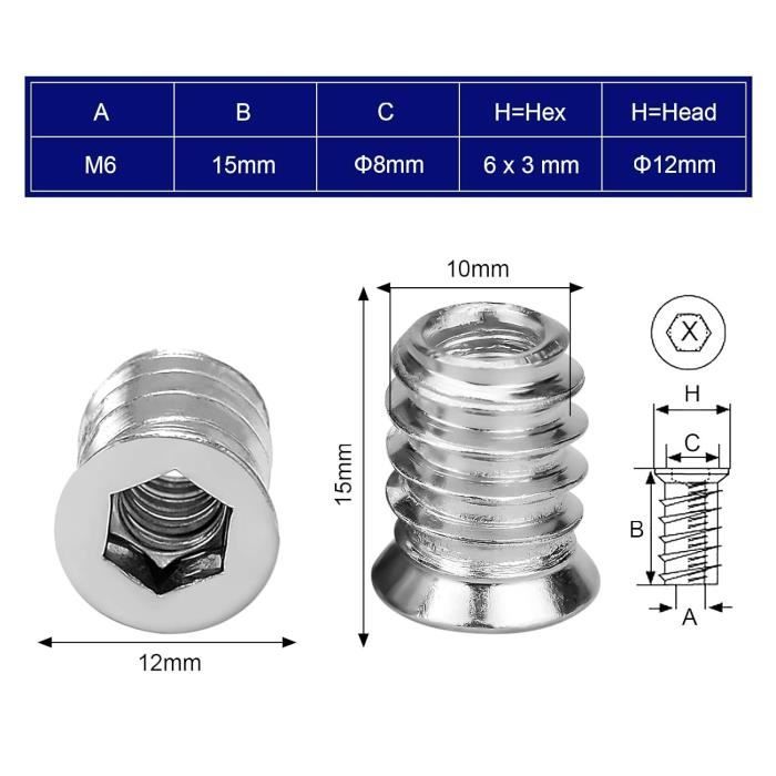 3X(100 PièCes SéRies M6 X 15Mm Meubles Vis dans ÉCrou Fileté Inserts en Boi9940 4711681570862