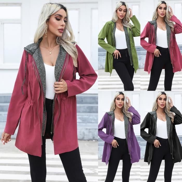 Veste decontractee pour femmes veste de couleur contrastee a double fermeture eclair veste a capuche a manches longues chaud Noir Cdiscount Pret a Porter