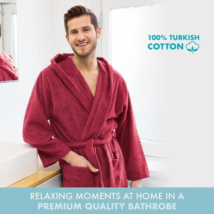 ECELEN Peignoir de Bain Homme 100 Coton avec Capuche Robe de Chambre Eponge 2 Poches Ceinture Doux Absorbant et Confort Rouge Cdiscount Pret a Porter