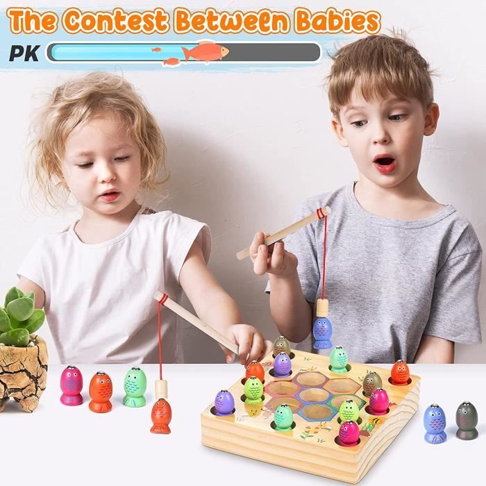 HYAKIDS – Banc à Marteler 6-en-1 En Bois Montessori – Pêche, Tape-taupe, Xylophone, Horloge, Engrenage – Jouet éducatif 18+ Mois