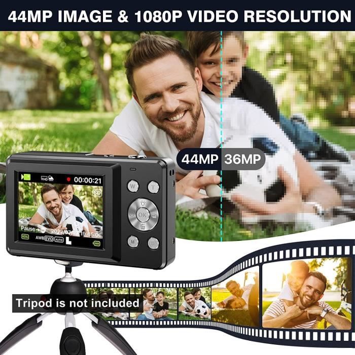 Appareil Photo Numérique 44MP 1080P HD 16X Zoom - Caméra Pocket Autofocus 2.5" IPS