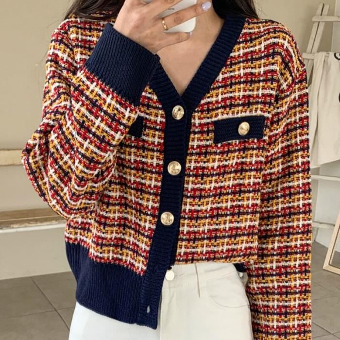 PULL Femmes Cardigan Vintage l gant color Plaid court tricot