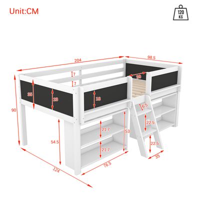 Lit Mezzanine Enfant 90x200 Cm Blanc – Avec 3 Armoires, étagères Et Barrière Haute, Sommier Lattes - 3