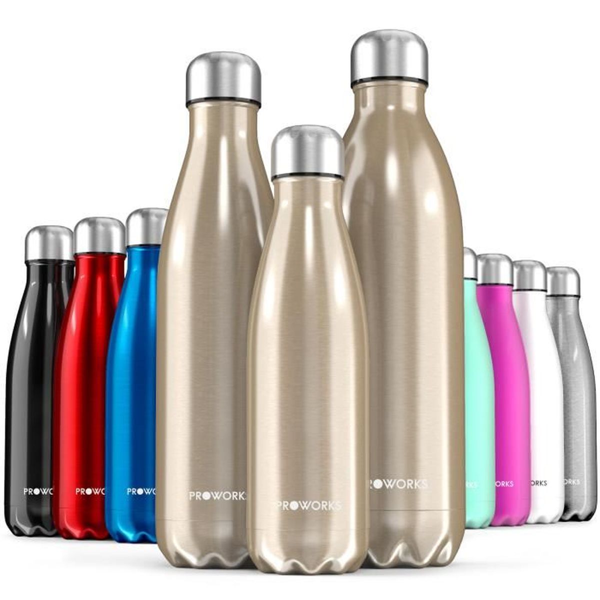 Proworks Bouteille Deau En Acier Inoxydable Bpa Libre Bouteille Métallique Isotherme Sous Vide Or Métallique 500ml