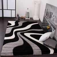 Tapis moderne design - Gris Noir Blanc - 60 x 110 cm - Motif Vagues - Polypropylène - Intérieur - PACO HOME