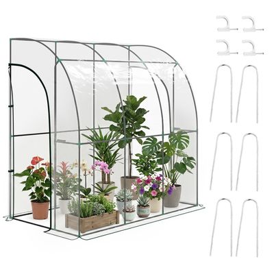 Serre De Jardin Adossée 143x118x212 Cm - Bâche PVC Renforcée Transparente, Châssis Acier, 2 Portes Zippées - Intérieur/extérieur