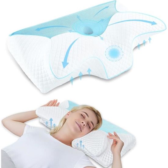 Oreiller Ergonomique Cervical Premium - Mémoire De Forme, Housse Lavable, Pour Dormir Sur Le Dos Et Le Côté - Blanc