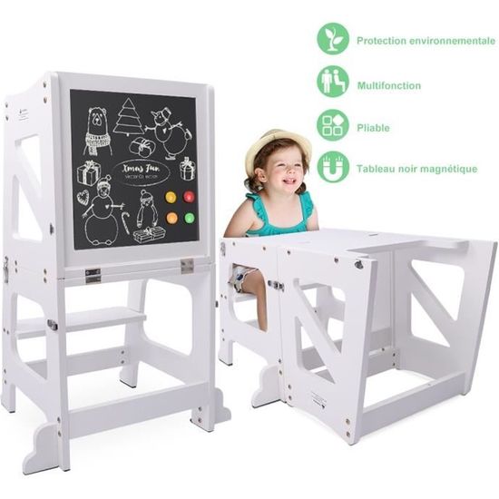 Tour D'Apprentissage Montessori Enfant 3 Hauteurs Réglables - Avec Tableau Blanc Magnétique Et Noir | Dès 18 Mois