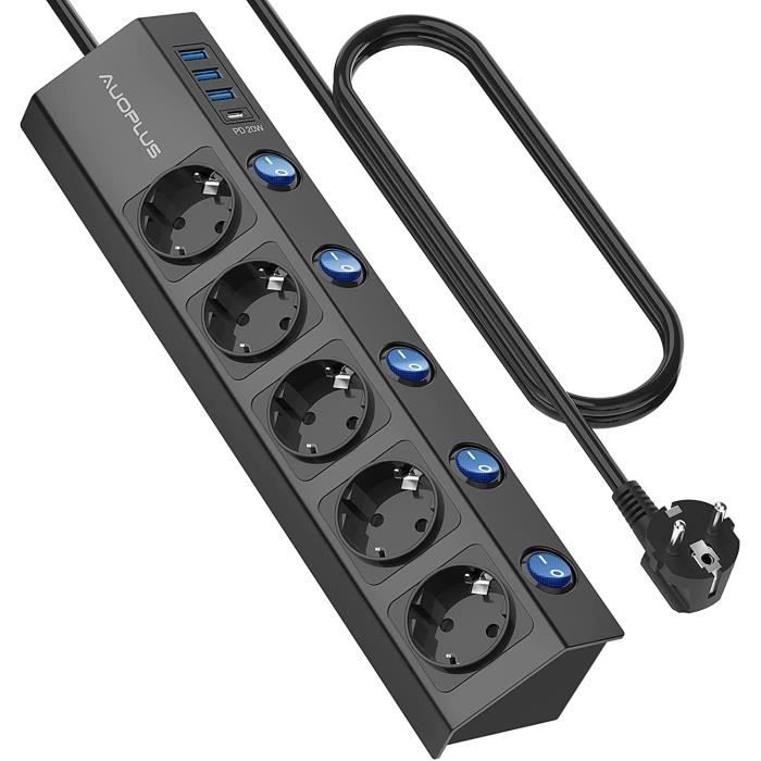 multiprise parasurtenseur parafoudre avec 5 prises et 1 port type-c et 3  ports usb, multiprise usb avec 5 interrupteurs indiv[A115]