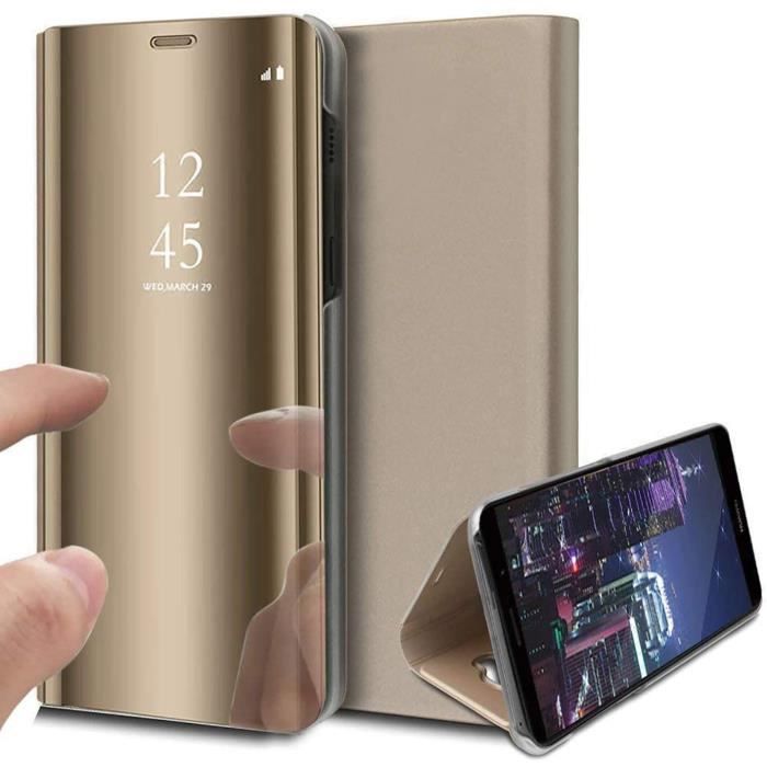 Coque Samsung Galaxy A52 (5G), Or Luxe Miroir Clear View Standing Cover Cuir Coque Rabattant avec Support