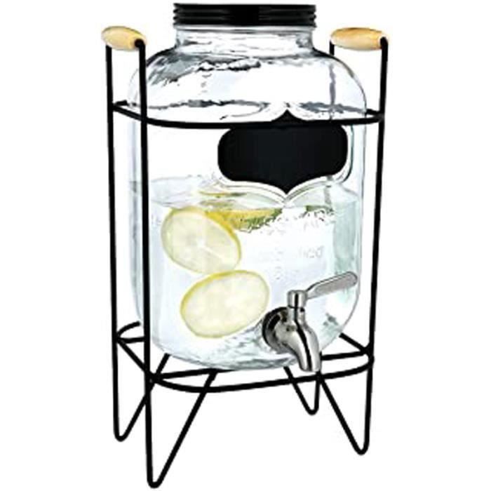 Distributeur de boisson en verre - Fontaine 5 L avec robinet couvercle et support en métal - Carafe eau boissons froides et chaudes