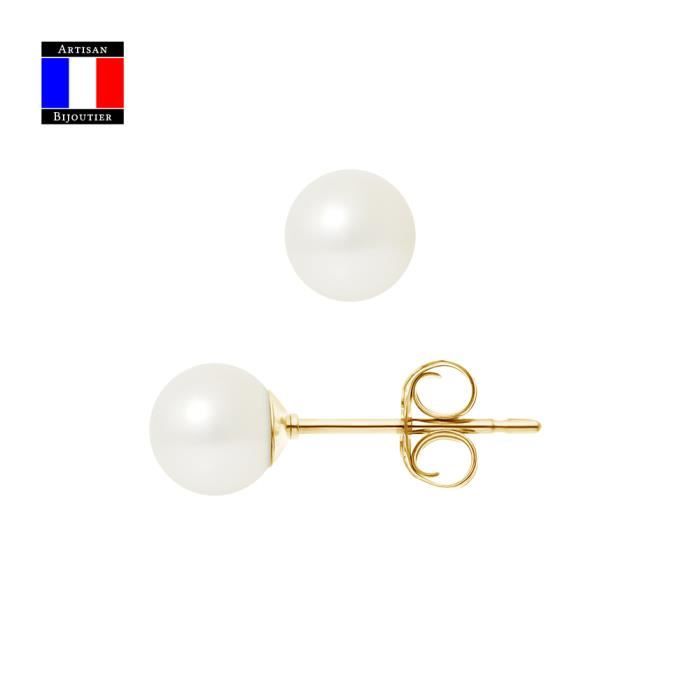 Compagnie Générale des Perles - Boucles d'Oreilles Véritables Perles de Culture 6-7 mm Or 18 Cts - Système Poussettes - Bijou Femme