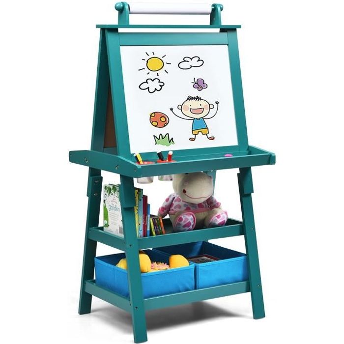Chevalet En Bois Double Face Avec Tableau Noir Et Blanc – Rouleau De Papier, Rangement Intégré, Aimants – Cadeau Créatif Pour Enfants