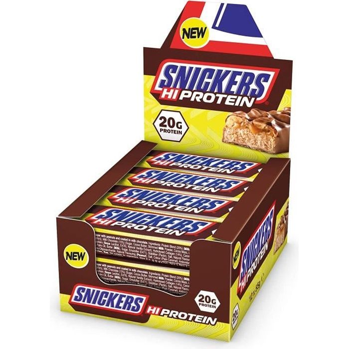 Snickers Barres Protéinées 12 X 55g - Hi Protein Snack avec Caramel, Peanuts et Lait Chocolat - Contient 20g Protéine