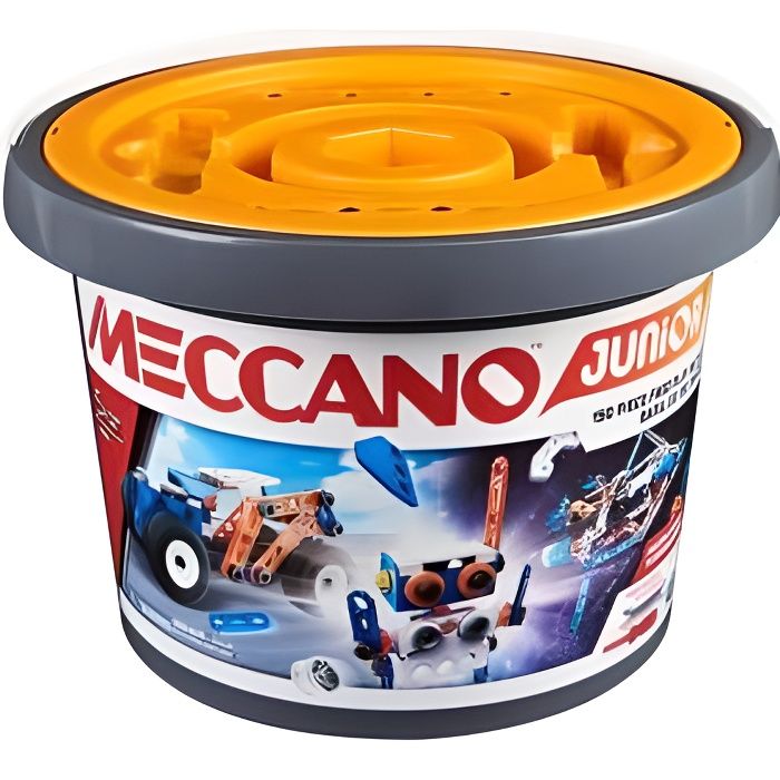 Nouveau Baril Meccano Junior 5 ans - 150 pieces, 2 outils - Seau Multi Modeles dont vehicules - Jeu de construction