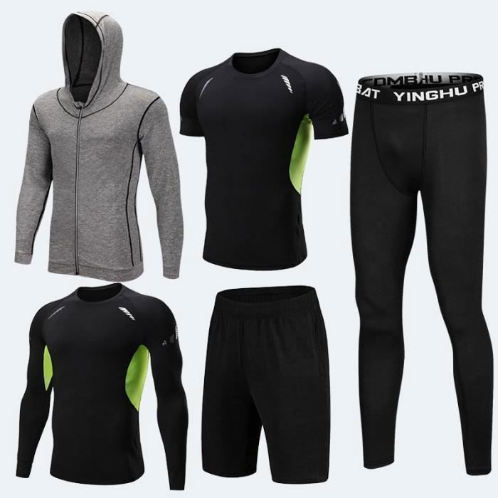 Ensemble tenue de compression homme 5 pcs T shirt manches longues-courtes+Collant Running+Short+Sweatshirt Sport Dry Fitness
