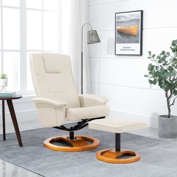 Magnifique-Fauteuil relax style contemporain confort Fauteuil TV pivotant avec repose-pied Crème Similicuir
