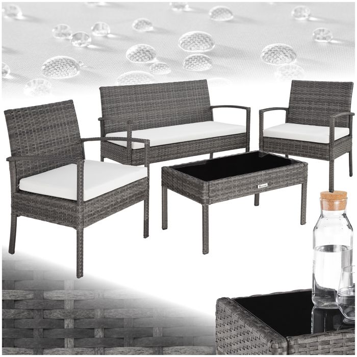 TECTAKE Salon de jardin SPARTE 4 Places - 1 Canapé - 2 Fauteuils de jardin - 1 Table basse en Résine Tressée Gris