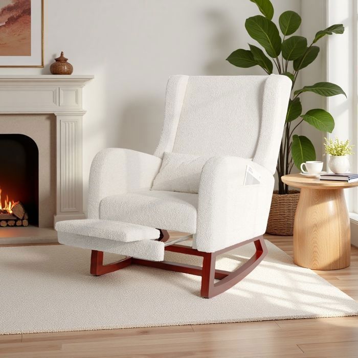 Fauteuil à Bascule - TANANT - Scandinave - Tissu Blanc - Poches Pratiques - Repose-Jambes Télescopique