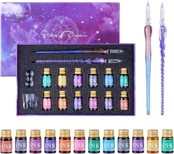 Kit Calligraphie Stylos Verre GC - 2 Stylos, 12 Encres Multicolores + Porte-Stylo Et Tasse Nettoyage