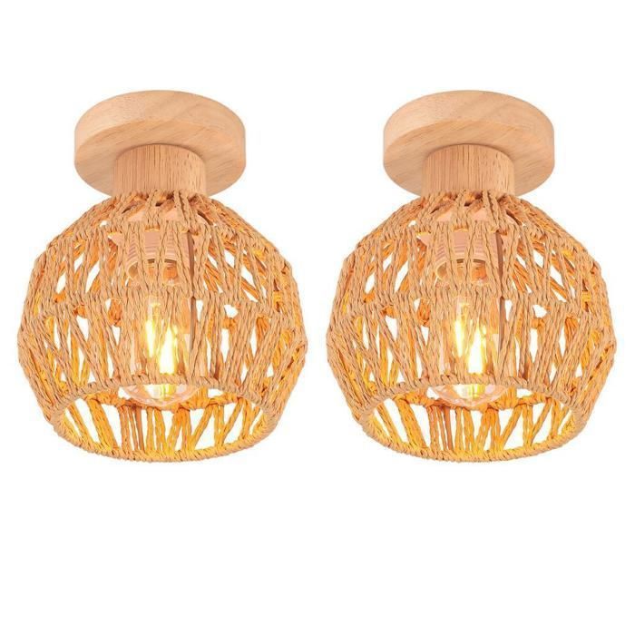 iDEGU 2pcs Plafonnier Vintage Lampe de Plafond en Bois Rotin Brun E27 Luminaire Lustre Abat-jour Design Cage pour Salon Chambre