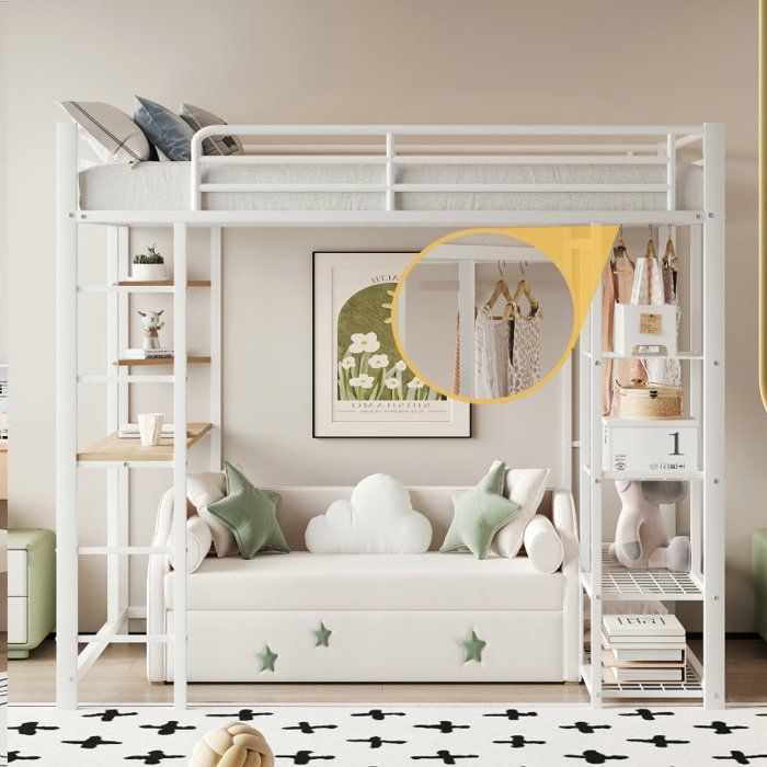 Lit mezzanine - LANGTU - 140x200 - Métal blanc - Avec bureau & armoire - Sommier à lattes