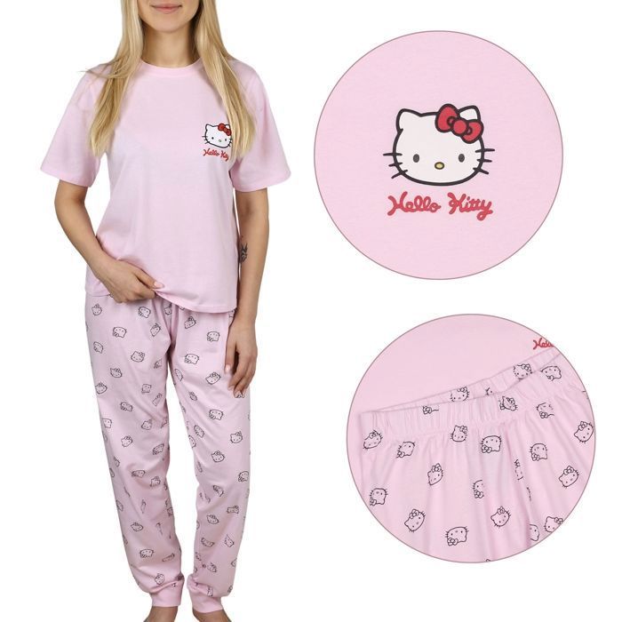 Lot De 2 Pantalons Hello Kitty 100% Coton - Pyjama Ou Lounge, Pour Filles Et Femmes, Rose Et Violet - 7