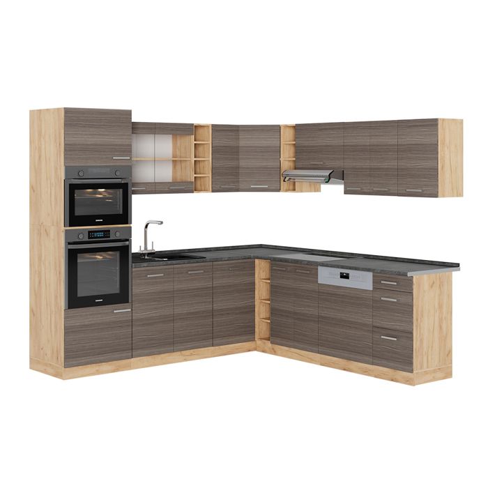 Cuisine En Angle Vicco R-Line – Chêne Anthracite, Moderne, Haute Brillance, Neuve