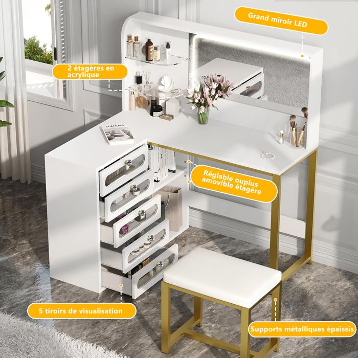 Coiffeuse d'angle avec led table console, meuble de chambre chêne 111x54x141,5 cm meuble pro frco48450 Coiffeuse d'angle avec led table console, meuble de chambre chêne 111x54x141,5 cm meuble pro frco48450
