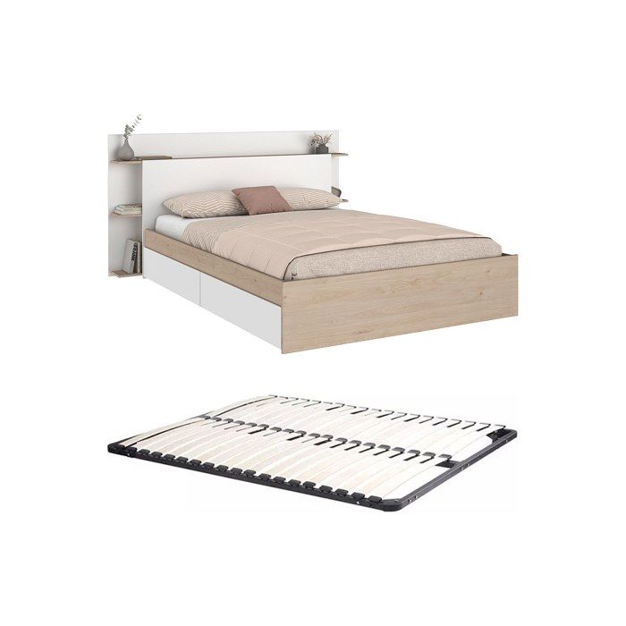 Lit 140 x 190/200 cm avec 4 tiroirs - Coloris : Naturel et blanc + Sommier - TILONIDE Lit 140 x 190/200 cm avec 4 tiroirs - Coloris : Naturel et blanc + Sommier - TILONIDE