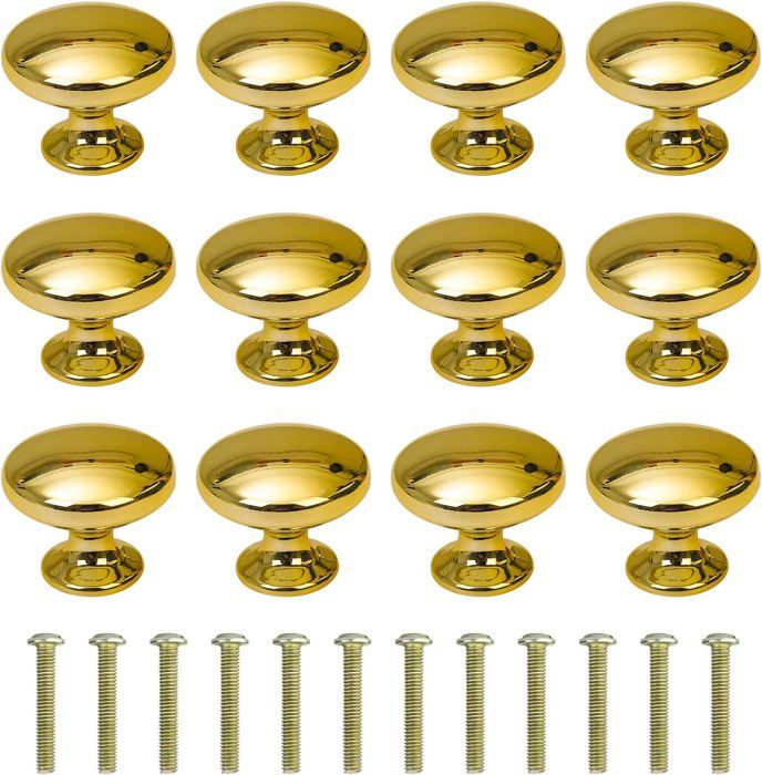 Lot de 12 boutons de porte ronds 30 mm poignées de tiroir avec vis pour armoire bureau table de chevet bibliothèque meubles doré