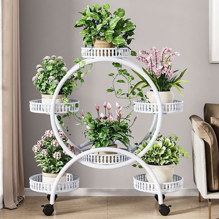 Étagère à Plantes Avec Roues - Support Mural En Métal Et Bois Pour Pots De Fleurs Intérieur/Extérieur - Facile à Déplacer, Réglable