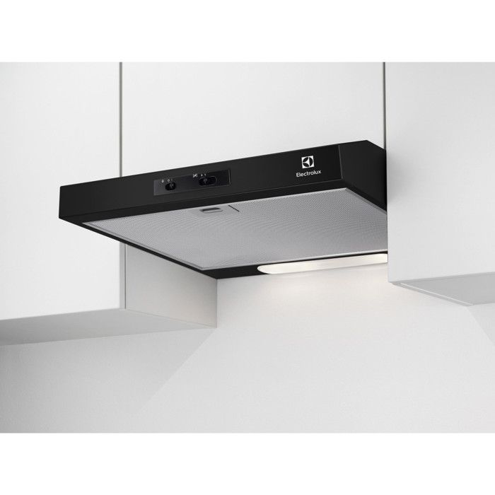ELECTROLUX Hotte visière Casquette aspirante noire largeur 60cm débit dair 272m3/h ELECTROLUX Hotte visière Casquette aspirante noire largeur 60cm débit dair 272m3/h