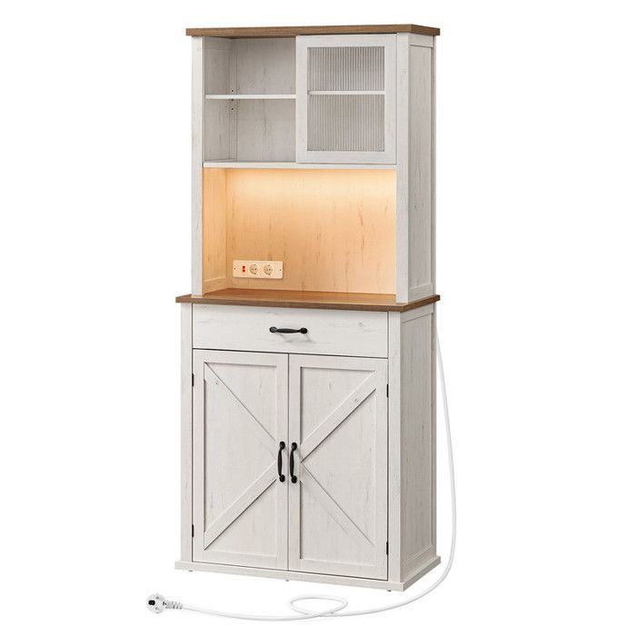 Buffet avec Lumières et Chargeur avec Portes et Tiroirs Étagères Réglables Style Campagne Blanc Rustique Buffet avec Lumières et Chargeur avec Portes et Tiroirs Étagères Réglables Style Campagne Blanc Rustique