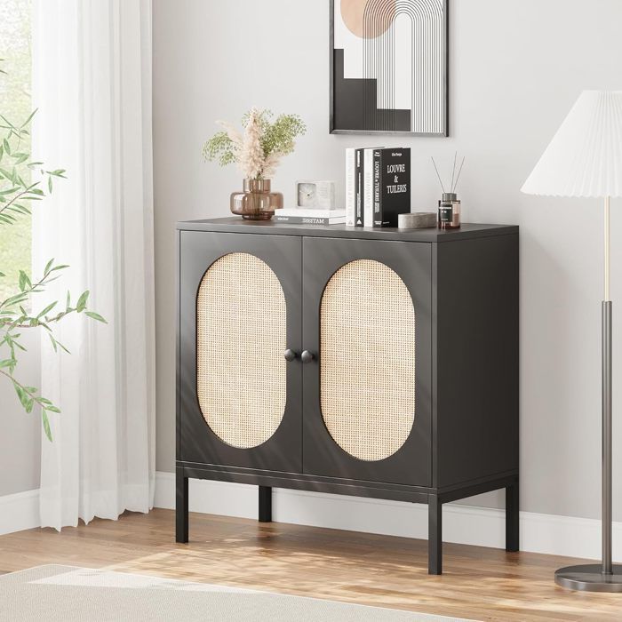 Buffet de cuisine - PROMIRACAL - PROMIRACAL - MDF & rotin - 80x40x83 cm - 2 portes étagères réglables