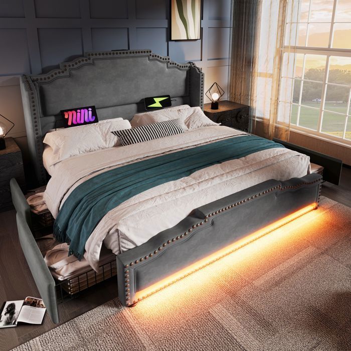Lit capitonné - Merax - 140x200 cm - 4 tiroirs - LED & USB-C - Velours gris