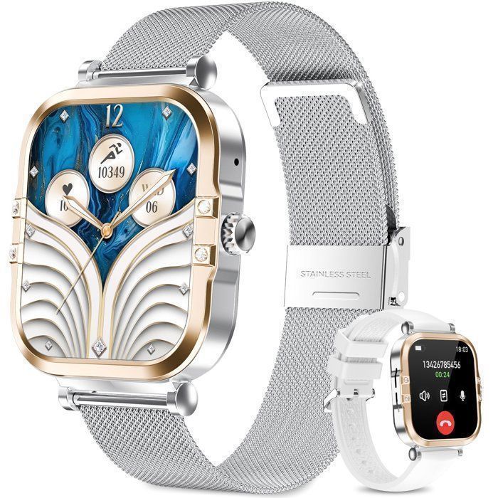 Montre connectée fitness pour femme-étanche IP67-1.75- Fonction appel-Double bracelet-Moniteur règles-sommeil-Android/iOS-argent Montre connectée fitness pour femme-étanche IP67-1.75- Fonction appel-Double bracelet-Moniteur règles-sommeil-Android/iOS-argent