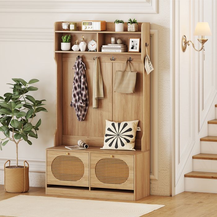 COSTWAY Meuble dEntrée Porte-Manteau Vestiaire à Chaussures - Banc et 5 Crochets Doubles 101 5x40x180 CM Style Campagne Naturel COSTWAY Meuble dEntrée Porte-Manteau Vestiaire à Chaussures - Banc et 5 Crochets Doubles 101 5x40x180 CM Style Campagne Naturel