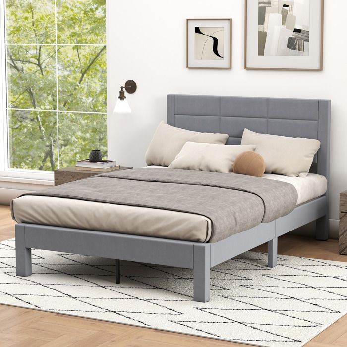 GIANTEX Lit Adulte 140 x 200 cm-2 Personnes-Tête de Lit-Tissu en Velours-Cadre de Lit à 12 Lattes-Pieds en Bois de Caoutchouc-Gris